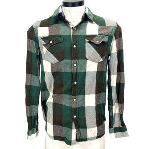 Twenty One Men Plaid Shirt Sz S Green/Brown Plaid Pearl Snap Long Sleeve RN94981